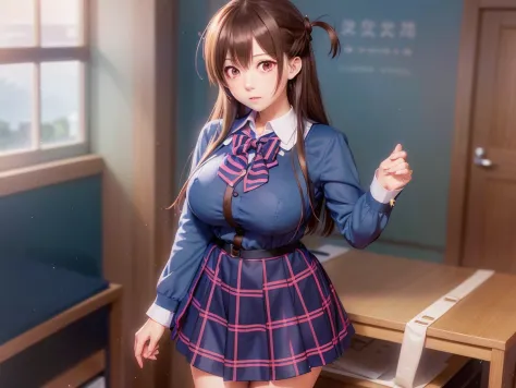 anime girl in blue dress standing in room with desk, realistic schoolgirl, visual novel cg, a hyperrealistic schoolgirl, a hyper...