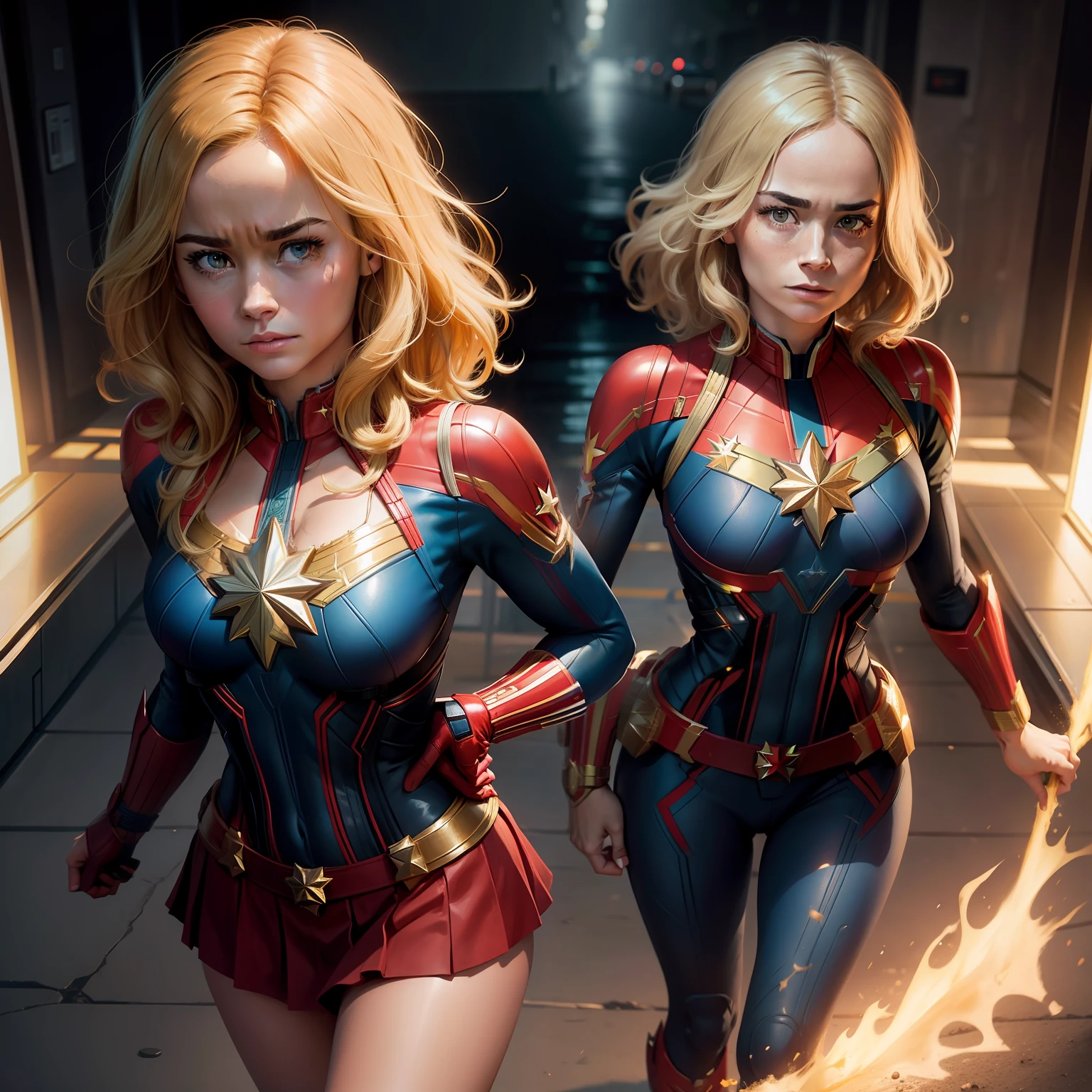 Two women dressed in captain marvel costumes walking down a hallway -  SeaArt AI