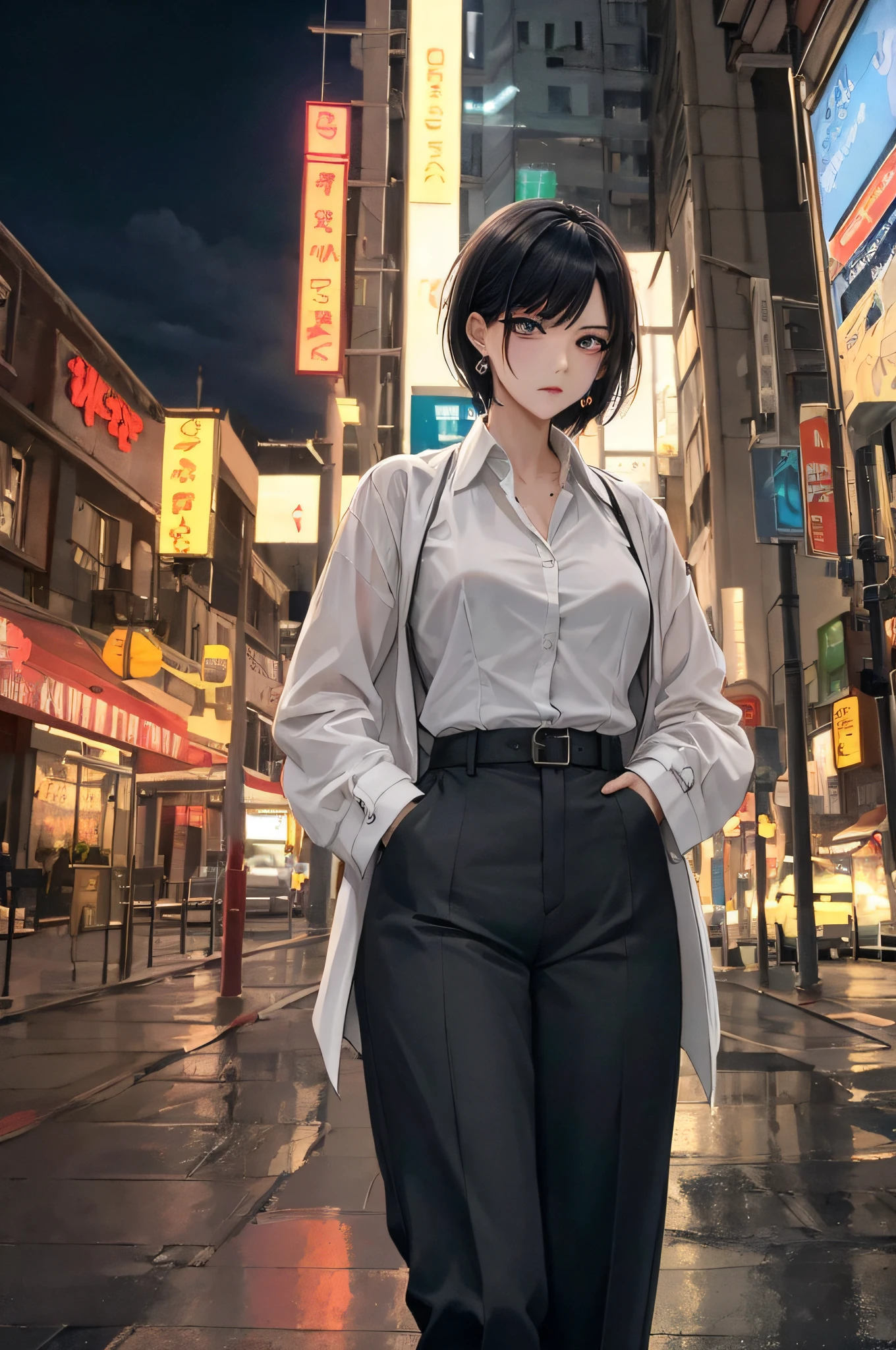 (Masterpiece:1.2), (Best quality:1.2), Perfect eyes, Perfect face, voluminetric lighting, 1girll, From above, top angle, Dramatic angle, mature female detective, Muscular, Hands in pockets, A MILF, Wet [Red|black] Hair, Short hair, Messy hair, pompadour cut, (long black trenchcoat), Buttoned shirt, Pants, belt, tiese, Concentration, Frowning, In the street, Tall building, Night, Neon signs, rain, grey sky, Dramatic lighting, lipstick, eye shadows, Thick eyelashes, Earrings