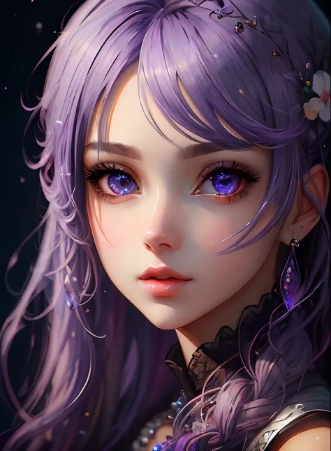 ((top-quality)), ((​masterpiece)), ((realisitic)), (detaileds),anime styled、 (1人の女性)Close up portrait of a woman with purple hair、Beautiful shining eyes, Like crystal clear glass、Casual clothing、4K high-definition digital art、stunning digital illustration、...