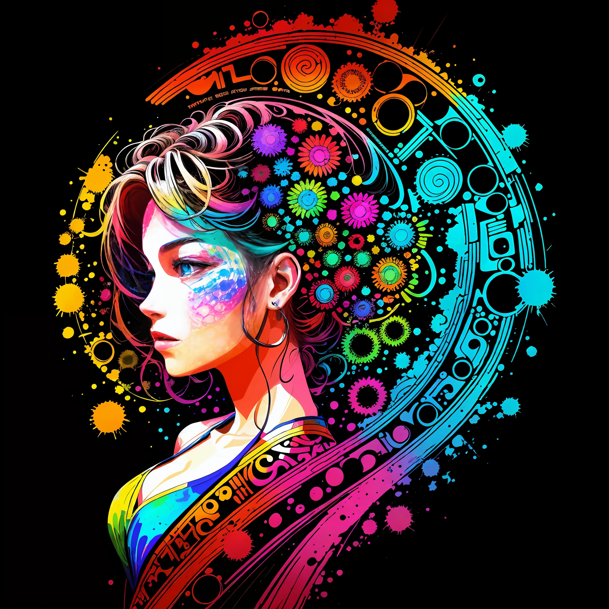 in the style of 0mib，T-shirt design,Side portrait of a bikini girl，Colorful，Prismatic fragments，Doodle lines，Reflect fractal circles，ink spatter，Melted brushstrokes，particles vortex，dramatic  lighting，high high quality， Beautiful，tmasterpiece