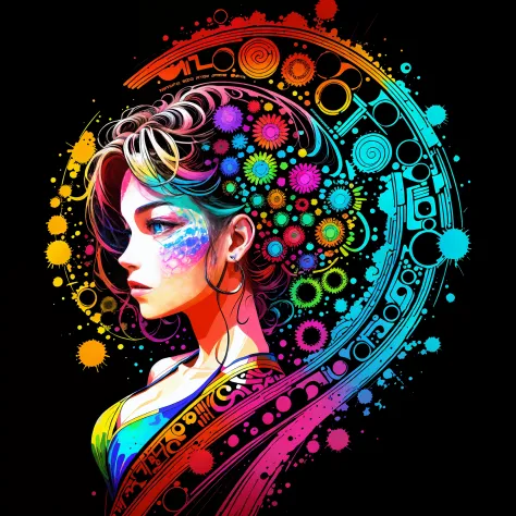 in the style of 0mib，T-shirt design,Side portrait of a bikini girl，Colorful，Prismatic fragments，Doodle lines，Reflect fractal cir...