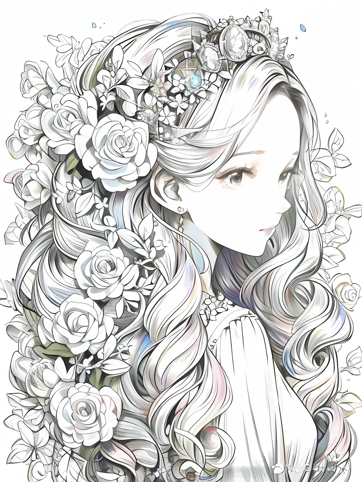 女儿，粉红色的花朵， 闪闪发光的钻石王冠，  黑发，穿着白色蕾丝连衣裙