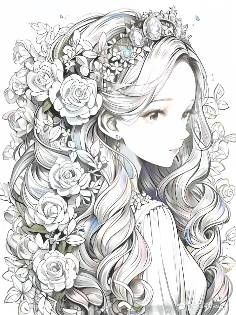 Kizi，pink flowers that， A sparkling diamond crown，  Black hair，Wearing white lace dress