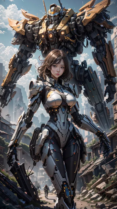 ((Best Quality)), ((Masterpiece)), (Very Detailed:1.3), 3D, Shitu-mecha, Beautiful cyberpunk woman with her black mech in the ruins of a city in the forgotten war, Ancient technology, HDR (High Dynamic Range), ray tracing, NVIDIA RTX, Super Resolution, Unr...