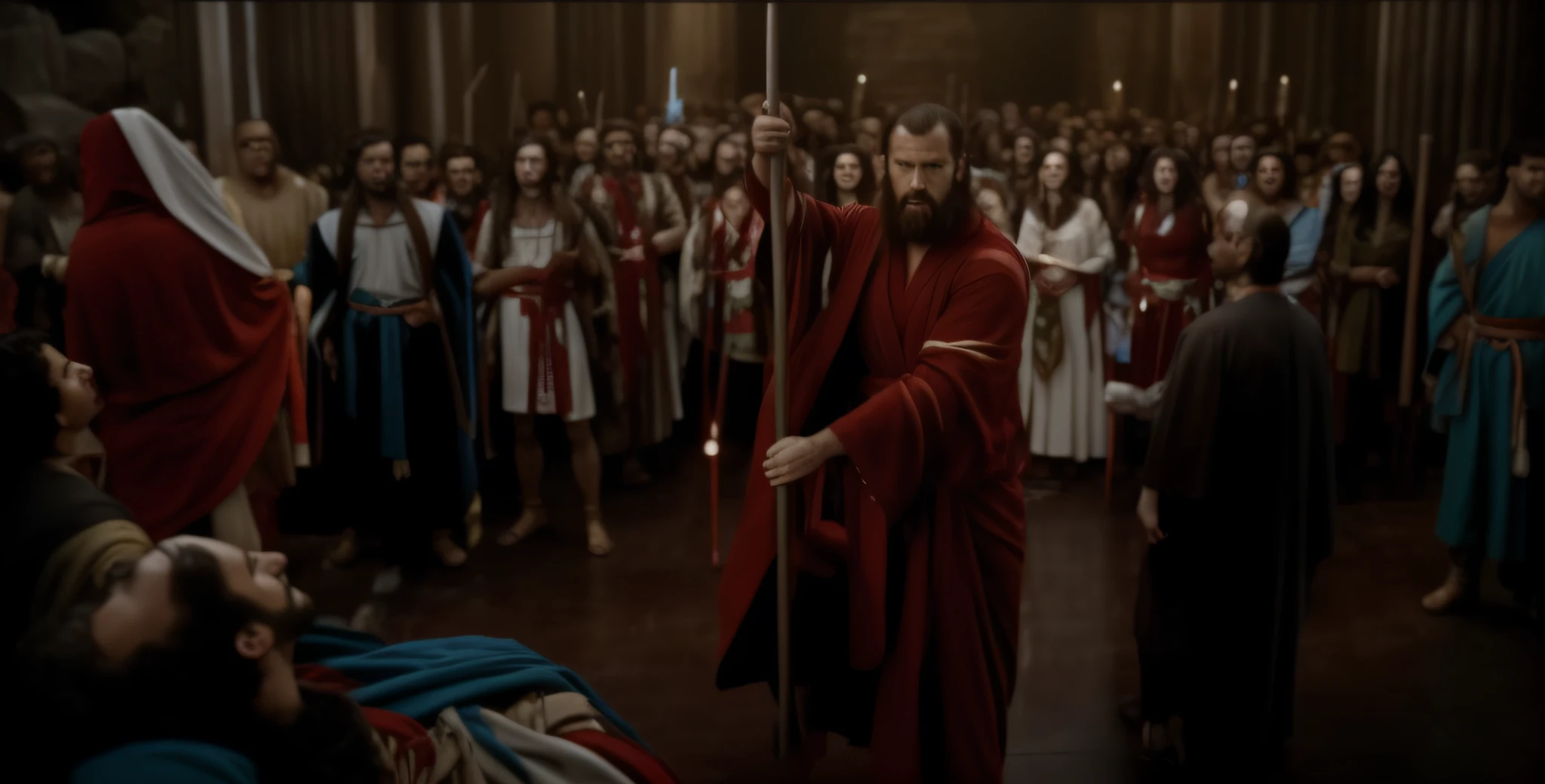 Image of a man in a red robe standing in front of a crowd of people, cena de filme antigo, captura de tela do filme, cena de um filme, de uma cena de filme, biblical epic movie, moses, cena do filme, [ cinemactic, [epics, cena de abertura, ! Movie Scene, captura de tela de um filme, segurando um cetro