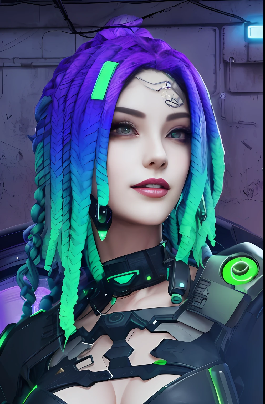 um close de uma mulher com dreads roxos e verdes, medusa ciberpunk, garota cyberpunk sonhadora, estilo cyberpunk hiper-realista, estilo cibernético, cor estilo cyberpunk, cores vibrantes cyberpunk, no estilo cyberpunk, garota andróide perfeita, estilo do universo cibernético, deusa linda cyberpunk com raiva, linda modelo de mulher cyberpunk, Linda andróide feminina!, dreadlocks cibernéticos, brilho cyberpunk brilhante,cabelo roxo detalhe verde,Pele branca,Sorriso, Obra de arte, rosto bonito,