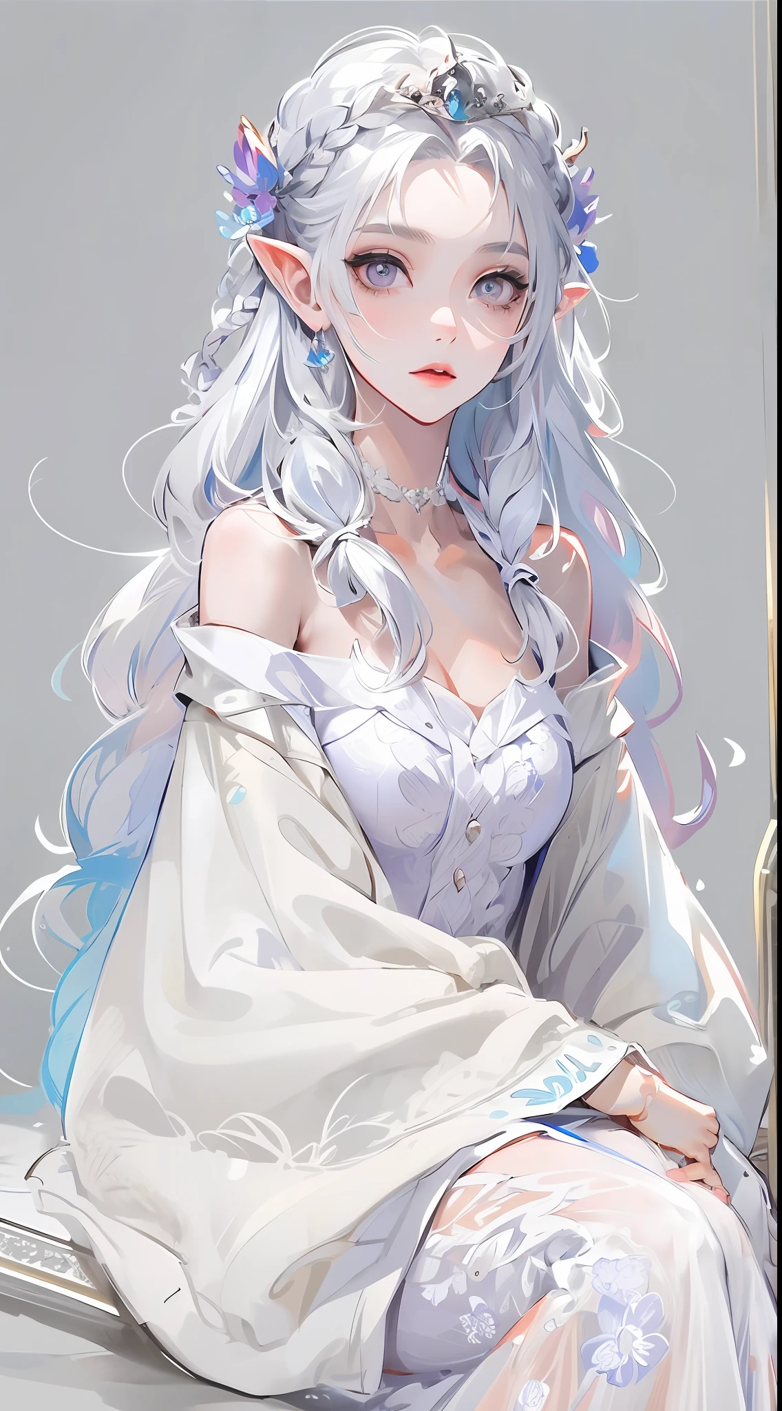 Best quality, highly detailed, masterpiece, ultra detailed, (reality: 1.2), 1 girl, (white background), simple background, delicate eyes, silver hair, purple eyes, hair_ornament, (white off-the-shoulder shirt: 1.3), long hair, pointy_ears, crown_braid, expressionless, straight hair, (++ sitting: 1.2), room,