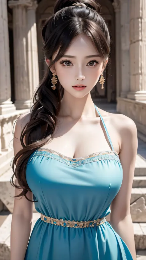 (8K, Best Quality, Masterpiece: 1, 2), (Realistic, Photo Realistic: 1,37), Top Quality, Masterpiece, Skinny 1girl Negona upper body photo wavy ponytail hair, sexy dress, Chest cloth relax, bandeau dress, in the Colosseum, Wide angle close-up