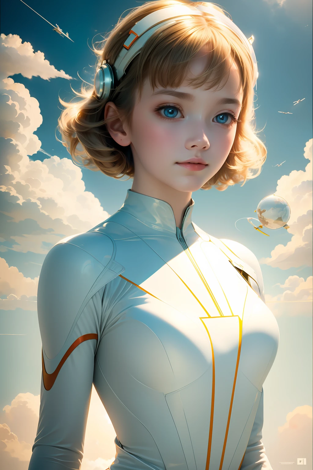 masterpiece, best quality, movie still, 1girl, floating in the sky, cloud girl, cloud, (close-up:1.1), bright, happy, fun, soft lighting, (Bauhaus, shapes, lines, abstract:1.1)