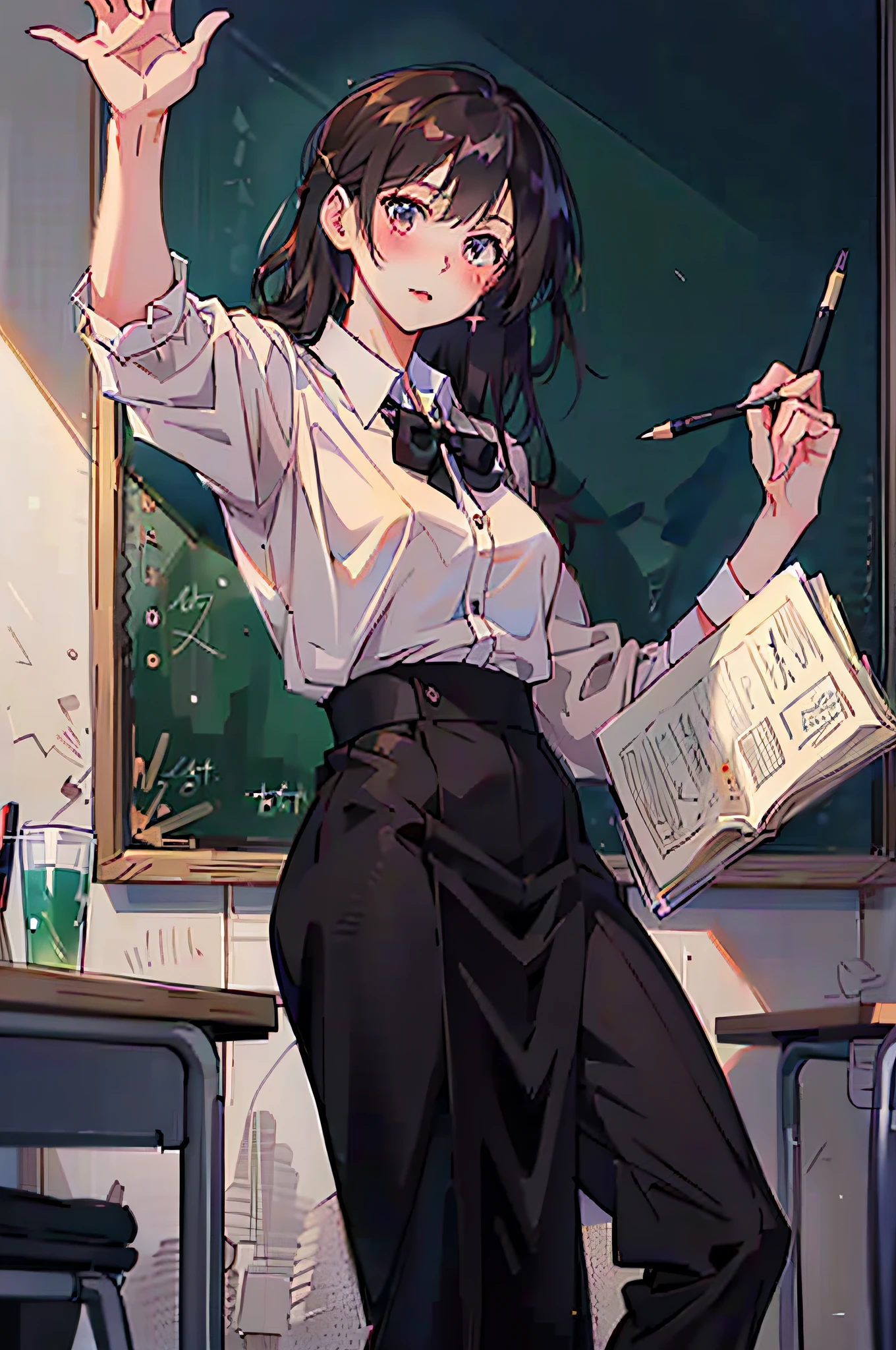 Anime girl holding blackboard and pencil in classroom, female student, standing in class, Digital anime illustration, Realistic schoolgirl, Beautiful Anime High School Girls, anime moe art style, Surrealism female students, In a classroom, drawn in anime painter studio, Surrealism female students, Marin Kitagawa fanart, Style Artgerm, anime illustration