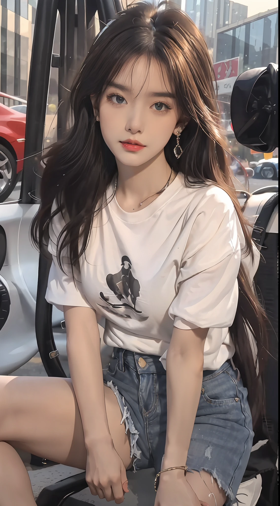 Best quality, masterpiece, super high resolution, (realistic: 1.4), original photo, (evening street), 1 girl, black eyes, looking at the audience, long hair, light makeup, lips, small ears, white t-shirt, denim shorts, earrings, sitting Ferrari, big breasts, slim