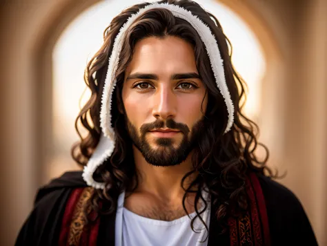 Create a portrait of Jesus Christ's face, realistic, young and beautiful