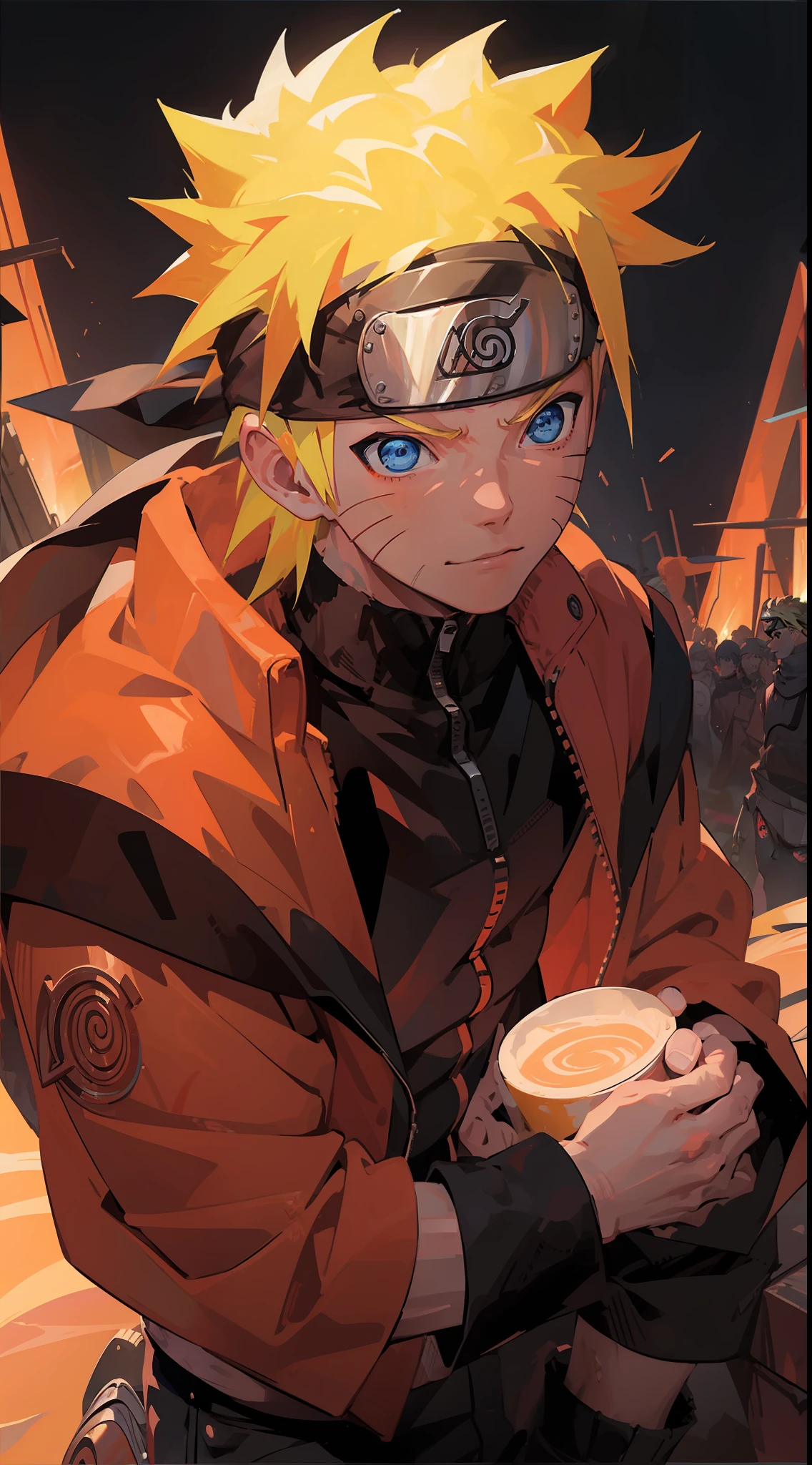 portrait, neon, 1 boy, shonen style, spiky blonde hair, scratches on cheeks, black and red clothing, leather jacket, jeans, boots, bandana, cool, blue eyes, full body, color --name Naruto Uzumaki --desert background with pyramids and camels