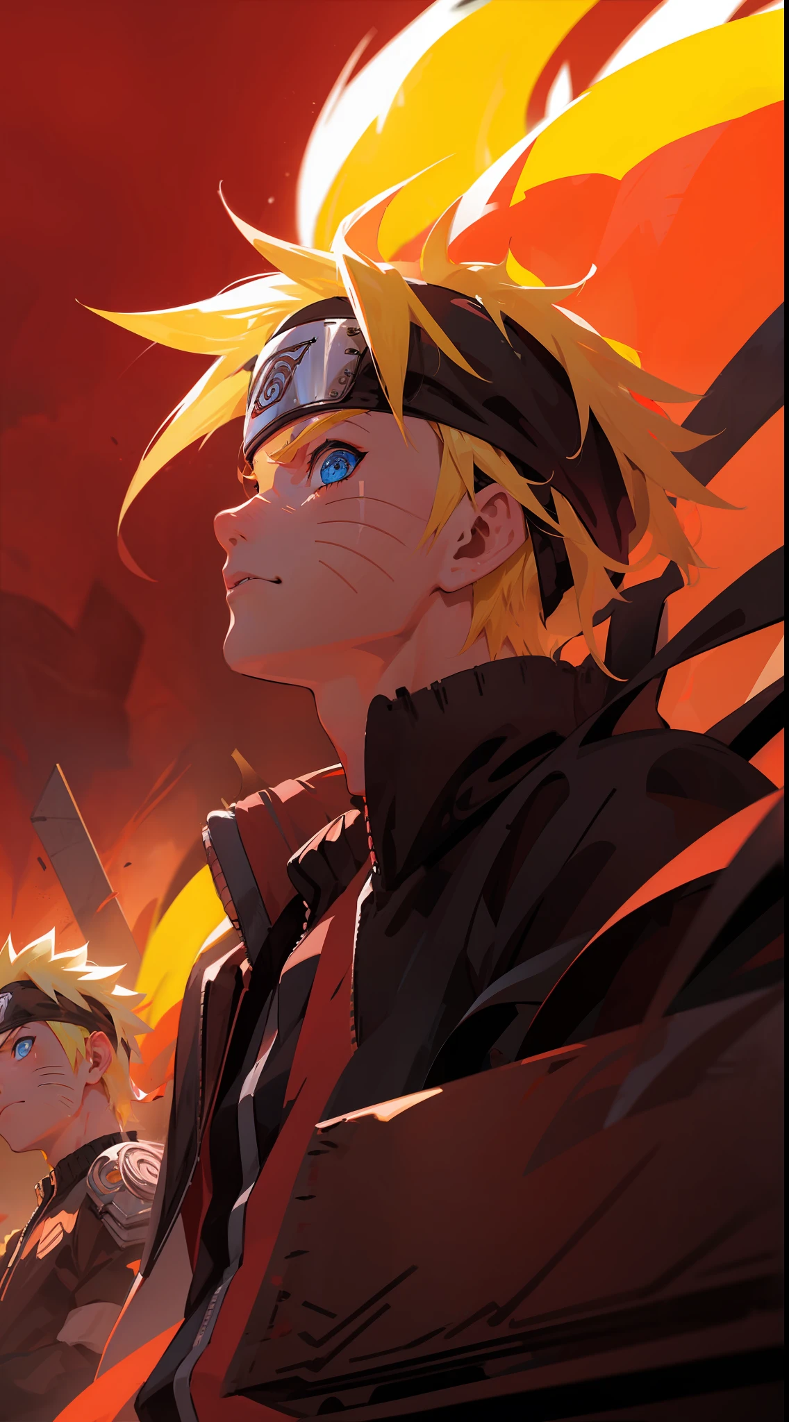 portrait, neon, 1 boy, shonen style, spiky blonde hair, scratches on cheeks, black and red clothing, leather jacket, jeans, boots, bandana, cool, blue eyes, full body, color --name Naruto Uzumaki --desert background with pyramids and camels