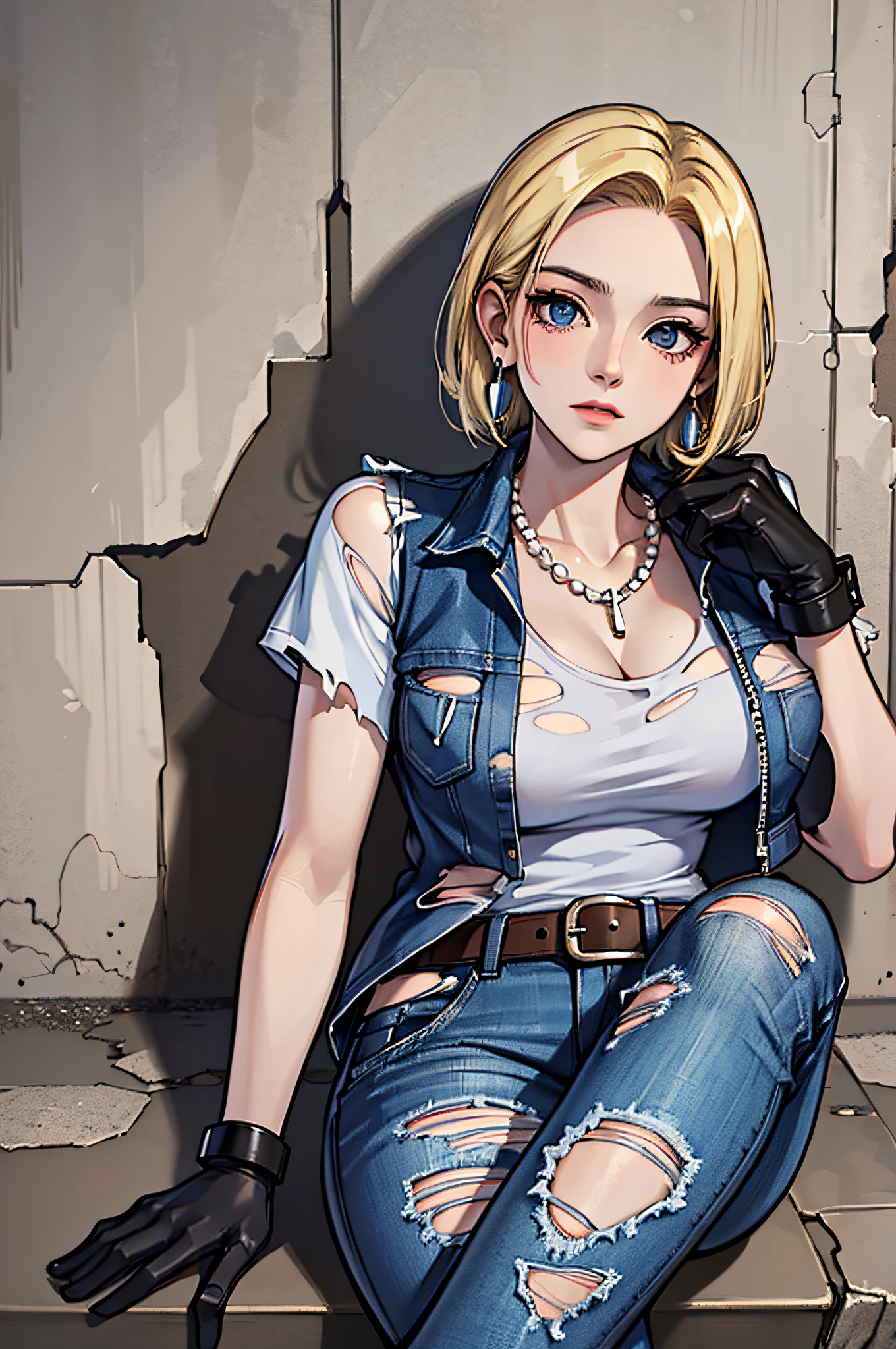 best quality, highres, and18, 1girl, android 18, solo, blonde hair, blue eyes, belt, jeans, pearl_necklace, bracelet, black gloves, white shirt, short hair, short sleeves, earrings, blue pants, open vest, black vest, large breasts, (ruins:1.3), (torn clothes:1.5), sitting, expressionless, crossed legs,