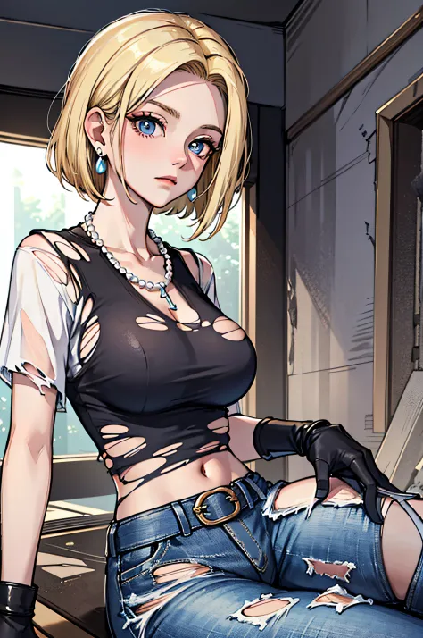 best quality, highres, and18, 1girl, android 18, solo, blonde hair, blue eyes, belt, jeans, pearl_necklace, bracelet, black glov...