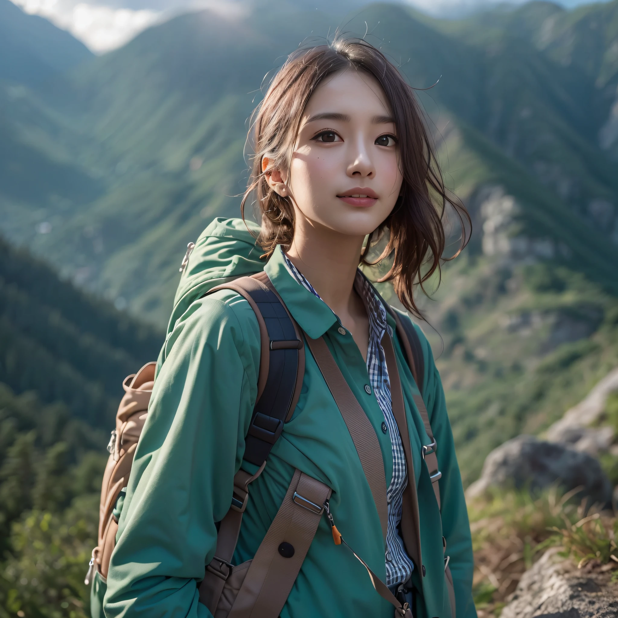 (Ultra-detailed background, Magnificent mountain views, blue open sky, white clouds):1.3, Shooting with an ultra-wide-angle lens, The upper part of the body, (the morning sun), (medium hair, dark brown hair), (top-quality, Photorealsitic:1.4, masterpiece:1.3, RAW Photography:1.2, cinematric light, very detailed illustration), (1woman:1.3, solo), (Gingham check shirt with buttons, Keep the hem of the shirt out, Trekking shorts), (Carrying a backpack), (Walking along a mountain trail), (ultra delicate face, ultra Beautiful fece, ultra delicate eyes, ultra detailed nose, ultra detailed mouth, ultra detailed facial features), (medium breast:1.3), a smile, light and shadows