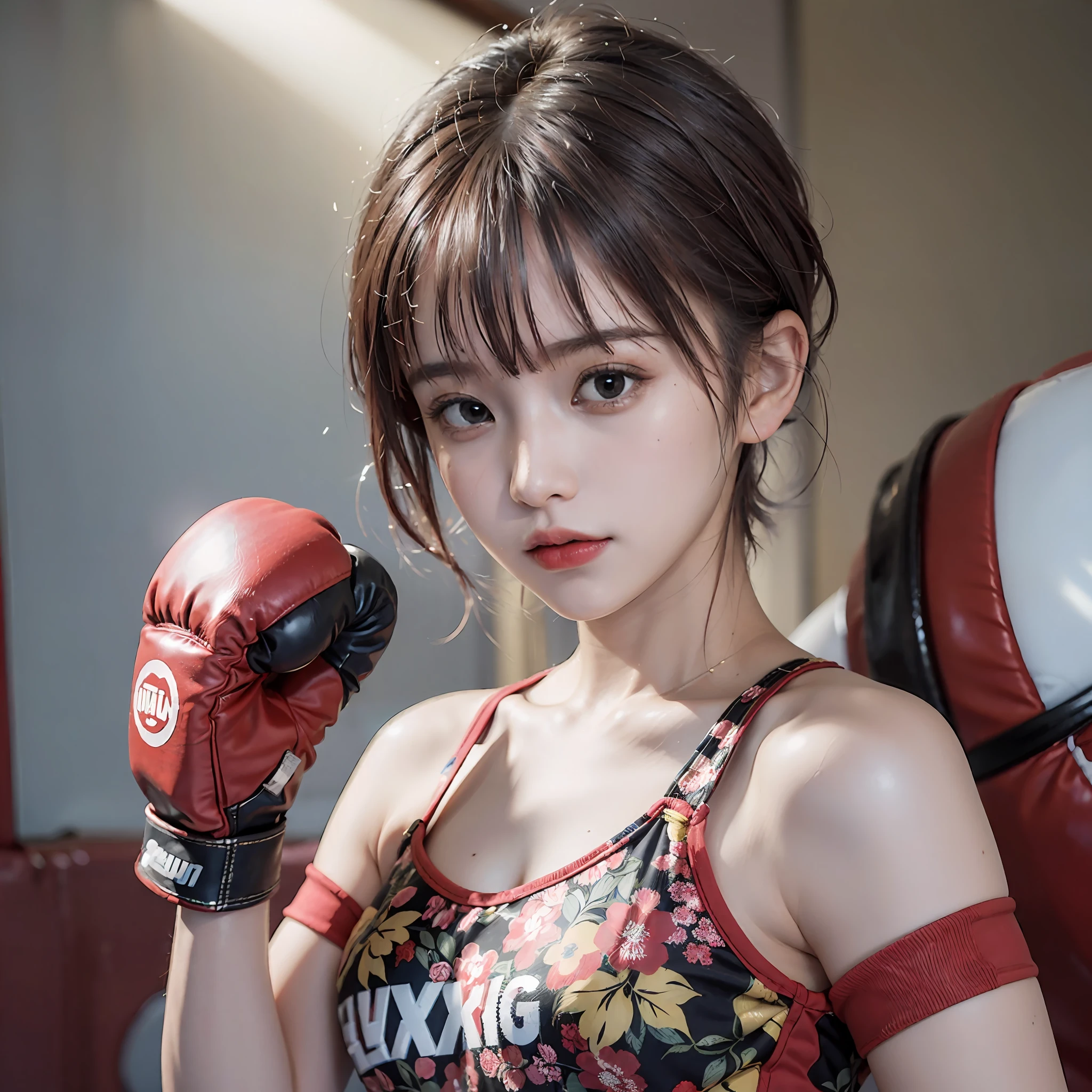 Best Quality, boxer, (Photorealsitic:2), 超A high resolution, Highly detailed, A hyper-realistic, 1girl in, ((Red Headgear)), (Boxing gloves), Floral pattern, colourfull_hair、(((very_Short_hair))), Short hair, Slim body, Full Shot, Looking at Viewer, ((Boxing rings)),  Bright atmosphere, spot light, Detailed background