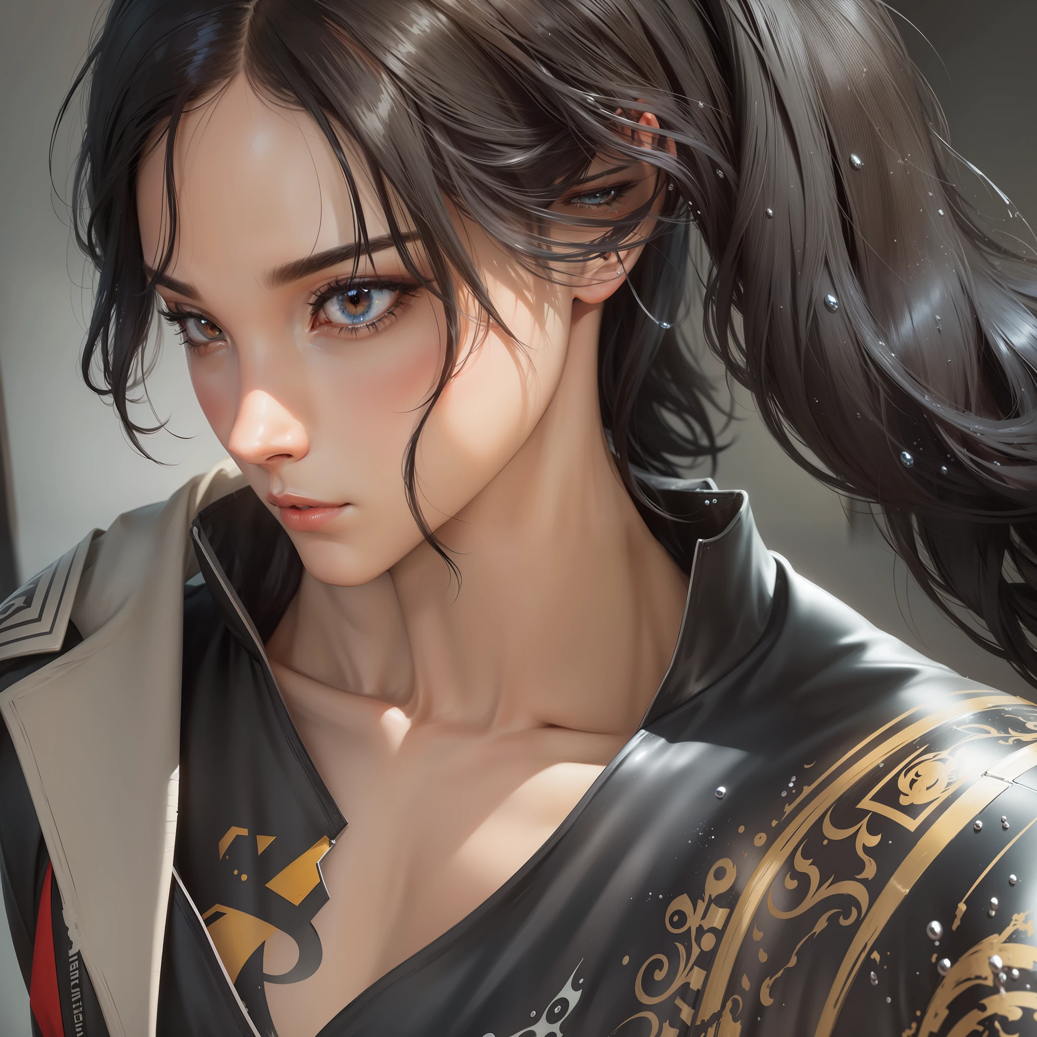 Close-up of a man with black hair，Belle peinture de personnage，Splash ink，Epic and beautiful character art，Stunning character art