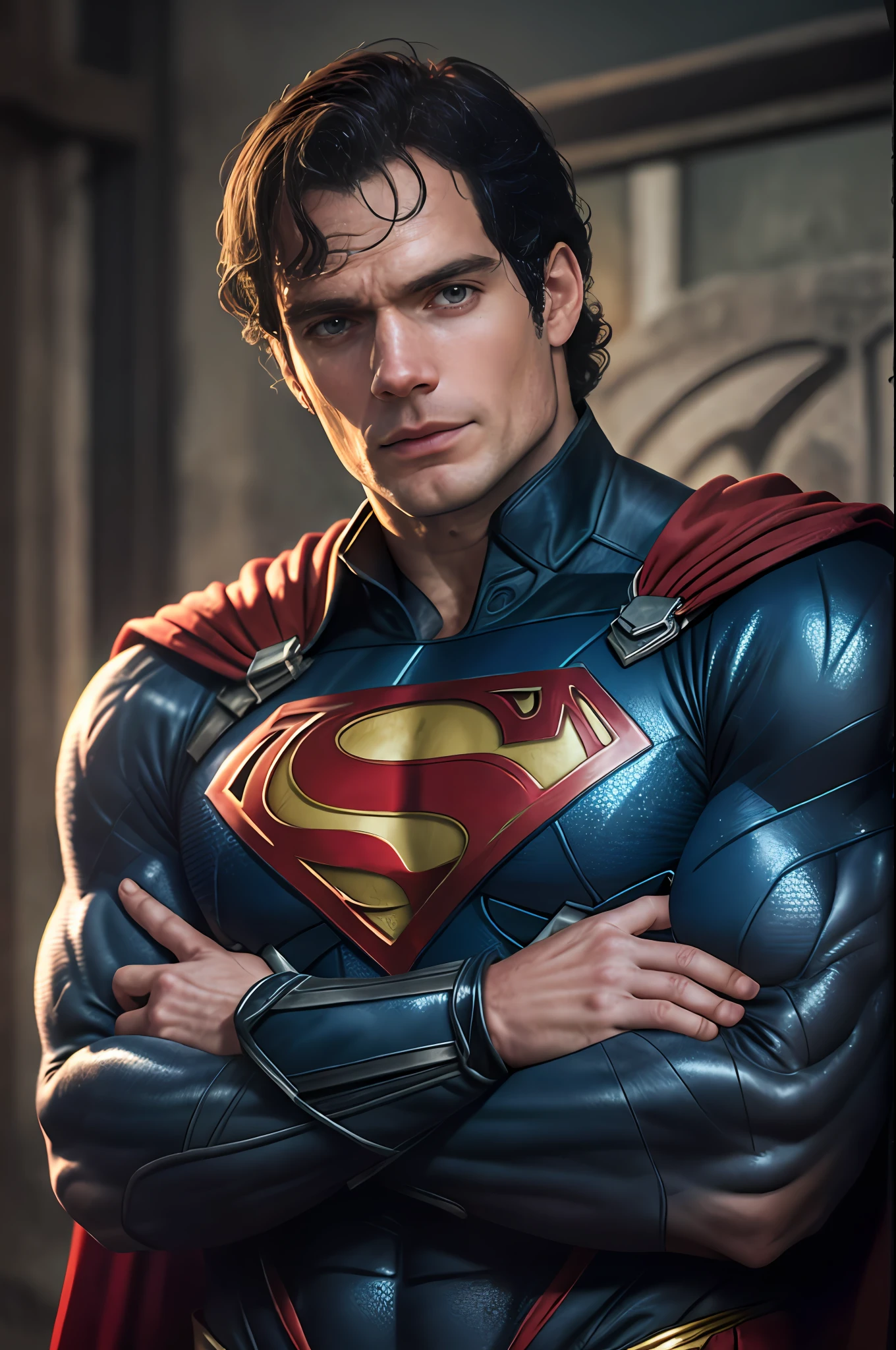 1 man, solo, Henry Cavill as Superman, 40s year old, all blue and red details suit, bare hands, big red S symbol on the chest, red cape, strain of hair covering forehead, short cut hair, tidy hair, tall, manly, hunk body, muscular, wide shoulder, straight face, black hair, best quality, high resolution:1.2, masterpiece, raw photo, dark background, detailed suit, detailed face, upper body shot, crossed arms, runic scene in the background,