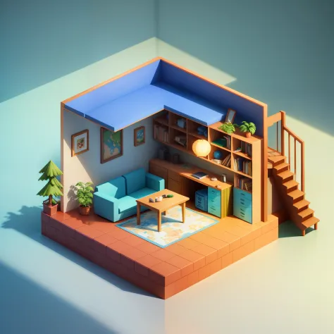(Isometric perspective:1.5),(pixar-style:1.2),sobu,Beds,sofe,(Small bonsai:0.8),table light,tvp,Wall paintings,3D,Disney,panoramic photo,White background,one color background,Global illumination,Ray traching，Modeling，hdr，Octane rendering，unreal render，beha...