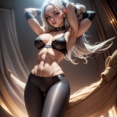 ((Cinematic Light, Top Quality, 8k, Masterpiece: 1.3)), 1 Girl, Pretty Woman with Slender Abs: 1.4, Small: 1.3, very tight grey leggings, wet spot between legs, labia imprint, black Bra: 1.2, Seductive Open Lip, Ultra Detailed Face, Detailed Eyes, Double E...