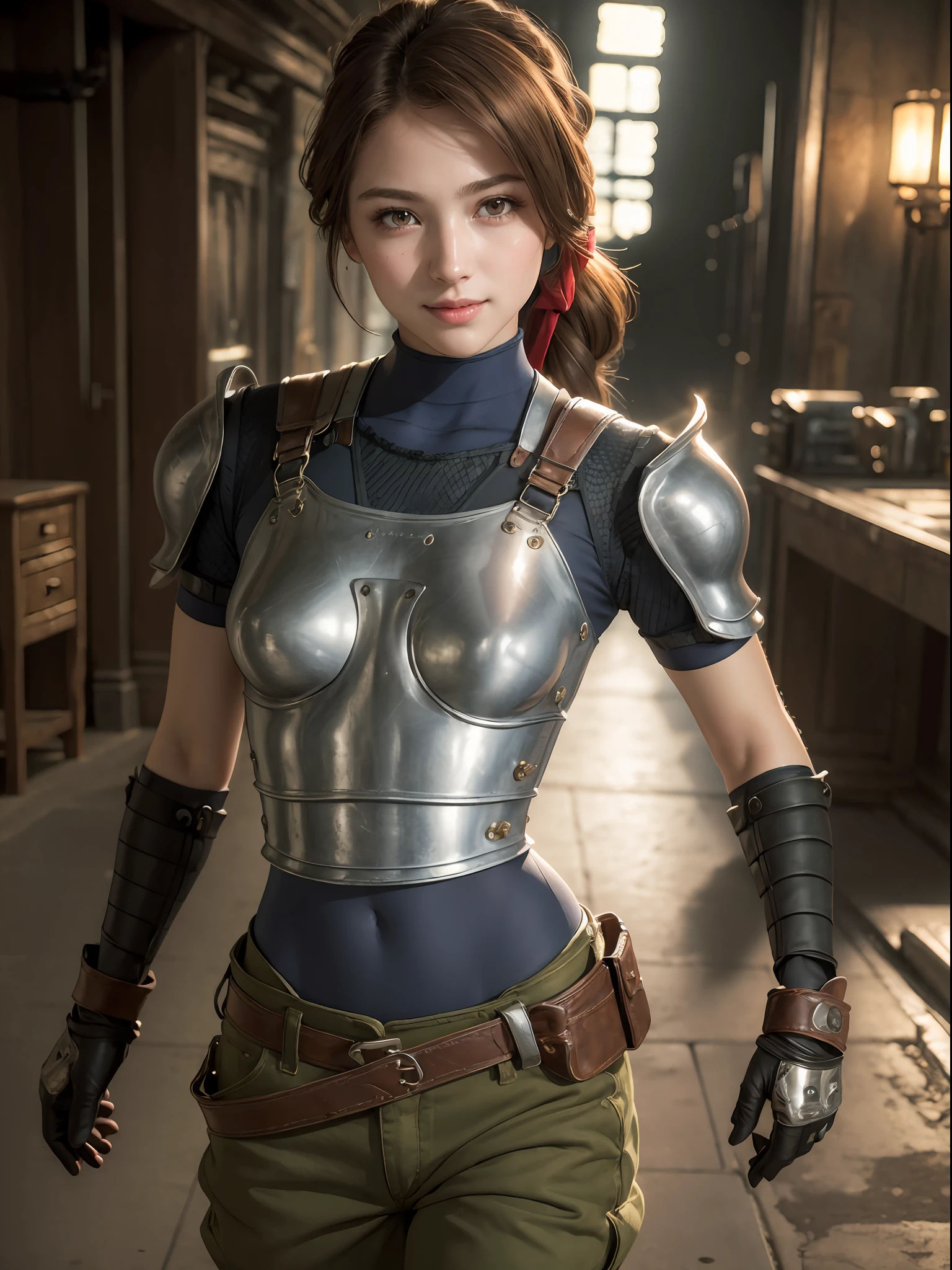 (masterpiece, best quality:1.4), (standing:1.2), 1girl, solo, (european youth:1), jessie rasberry, headband, armor, blue bodysuit, belt, fingerless gloves, green pants, boots, full body, looking at viewer, sexy smile, beautiful face, highly detailed face, highly detailed skin, skin pores, in a metallurgy fabric, subsurface scattering, realistic pupils, small breast, full face blush, full lips, detailed background, depth of field, volumetric lighting, sharp focus, absurdres, realistic proportions, good anatomy, (realistic, hyperrealistic:1.4), 16k hdr,