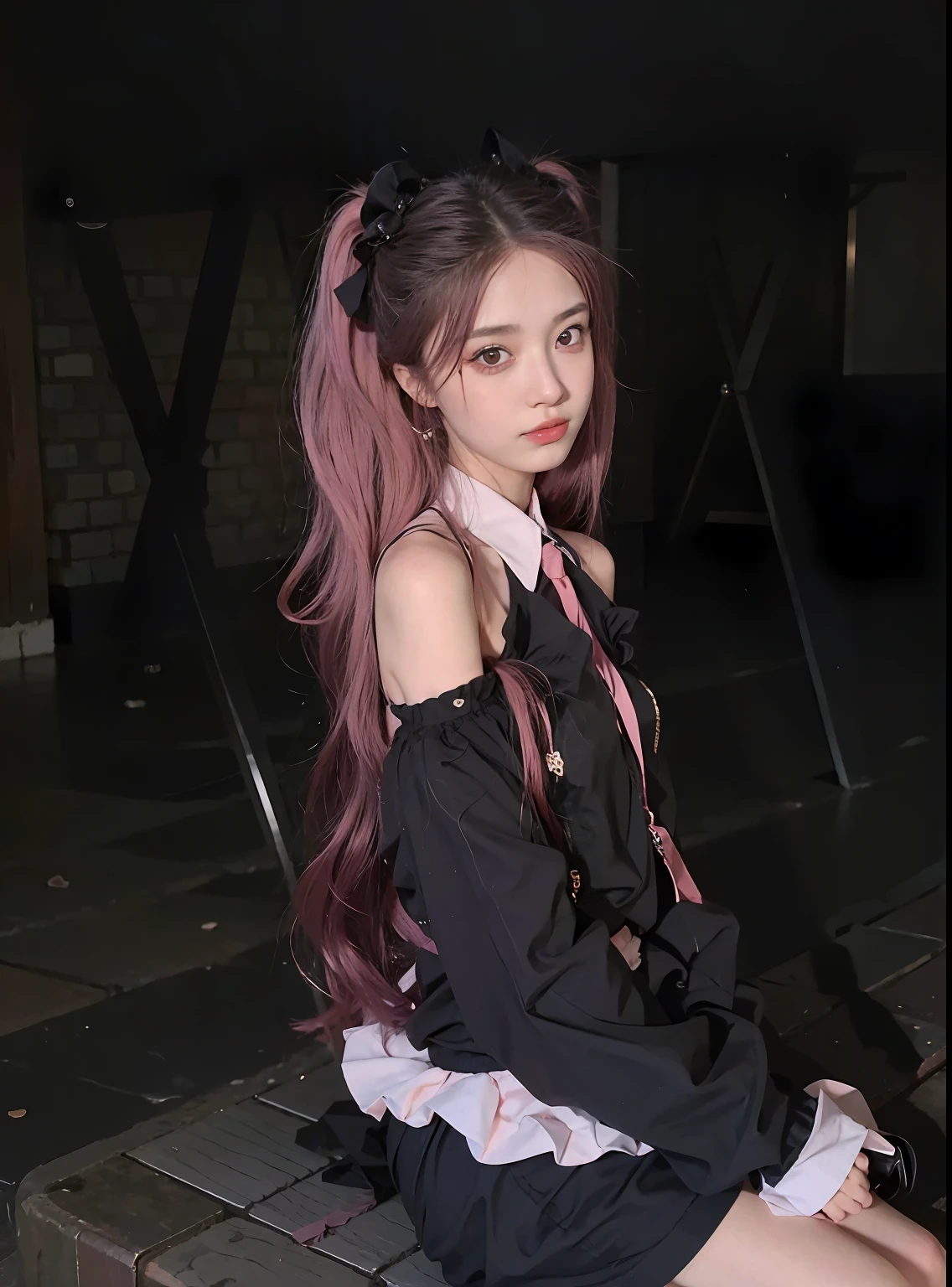 Arabisches Mädchen sitzt auf einer Mauer aus Ziegeln，lange rosa Haare, ulzzangs, 1 Anime-Goth-Mädchen, rena nounen style 3/4, mit langen Haaren, Anime-Mädchen-Cosplay, Frisur mit zwei Schwänzen, Sakimichan, Shaxi, rosa Zwillingsschwanzhaar und cyanfarbene Augen, Rot langhaarig, kanliu666