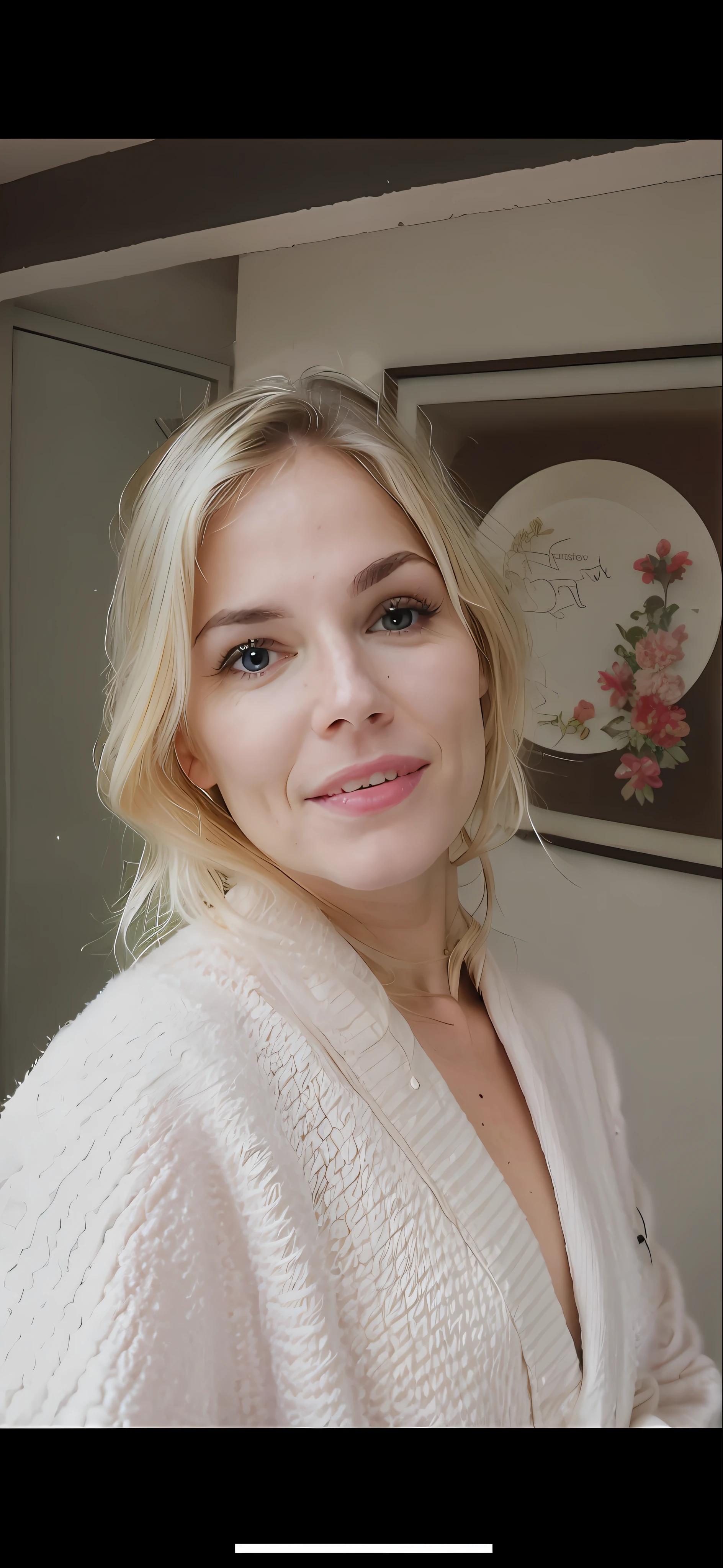 Blonde woman in white bathrobe posing for a selfie in a bathroom, profile image, taken in the early 2020s, foto perfil, 3 6 years old, kirsi salonen, inspired by Louisa Matthíasdóttir, 3 2 years old, profile pic, age 38, 30 year old woman, 3 0 years old woman