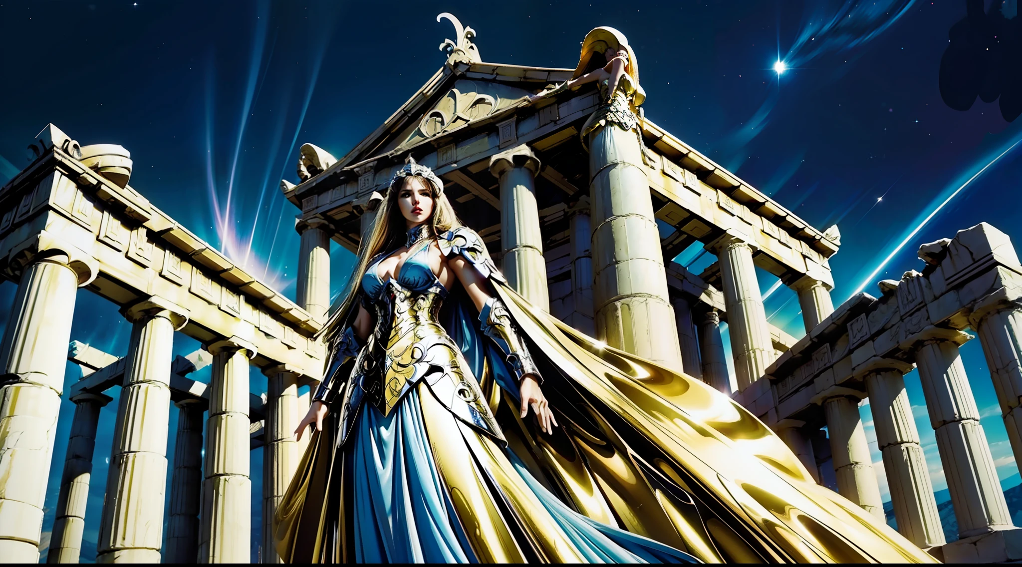 greek temple，Mature woman，Large breasts，Heavy armor，dynamicposes，dramatics，A high resolution，photorealestic，best qualityer，Starcloud，galactic，magia，half-body shots