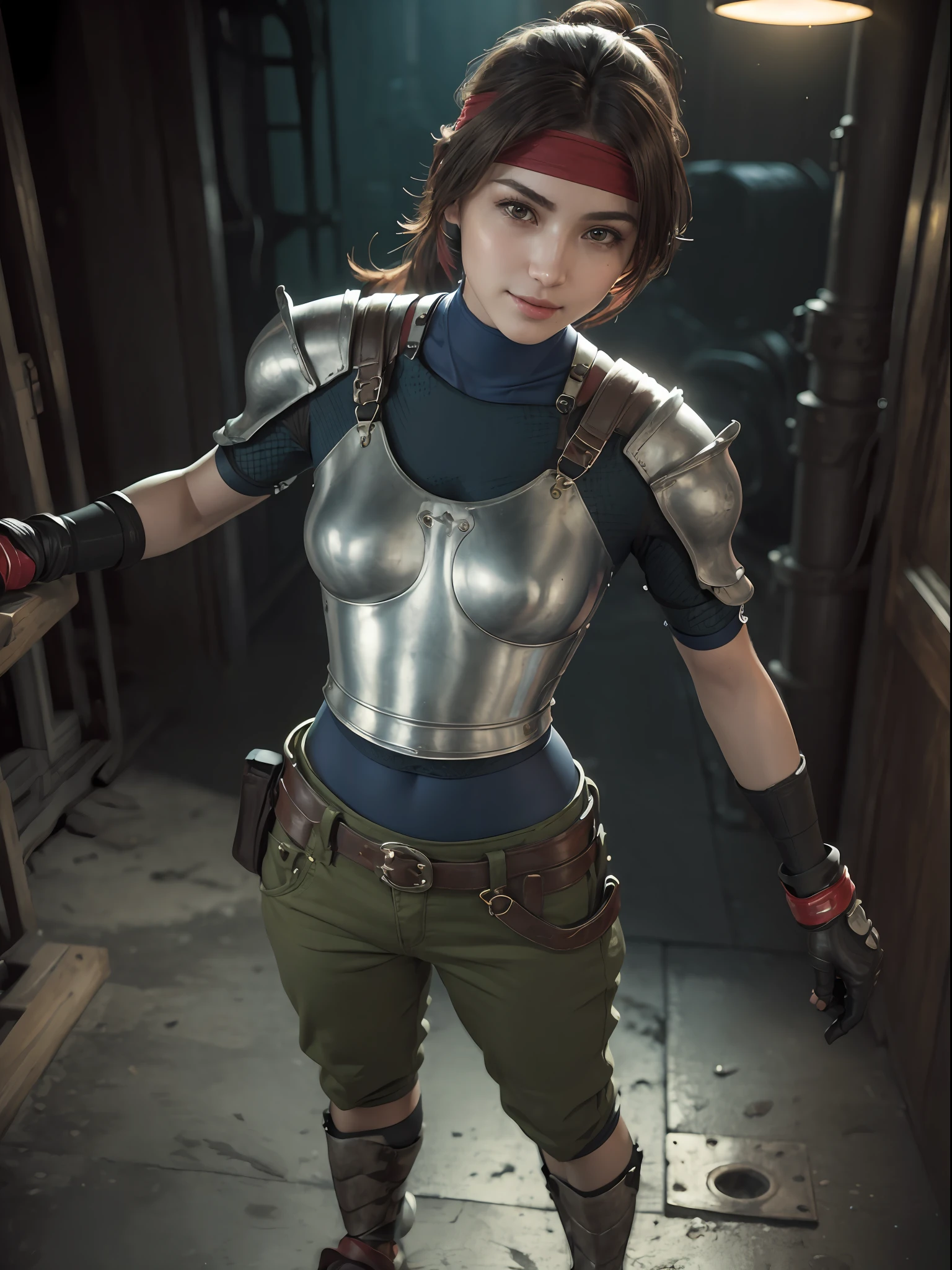 (masterpiece, best quality:1.4), (full body:1.5), (standing:1.2), 1girl, solo, (european youth:1), jessie rasberry, headband, armor, blue bodysuit, belt, fingerless gloves, green pants, boots, full body, looking at viewer, sexy smile, beautiful face, highly detailed face, highly detailed skin, skin pores, in a metallurgy fabric, subsurface scattering, realistic pupils, small breast, full face blush, full lips, detailed background, depth of field, volumetric lighting, sharp focus, absurdres, realistic proportions, good anatomy, (realistic, hyperrealistic:1.4), 16k hdr,