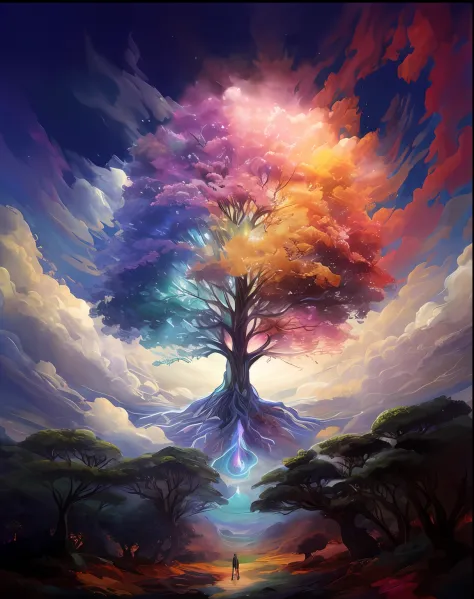 a painting of a tree with a rainbow colored sky in the background, the tree of life, cosmic tree of life, magical tree, fantasy tree, tree of life seed of doubt, tree of life, the world tree, cosmic tree, magic tree, magical colors and atmosphere, colorful...