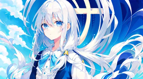 Anime girl with long white hair and blue bow in front of castle, Girl with white hair, white haired Cangcang, white-haired god, ...