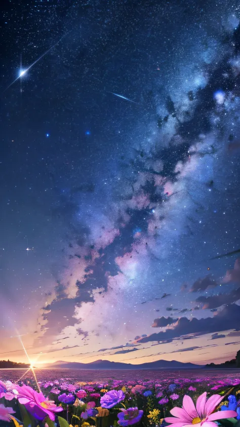High quality, high detail, brilliant starry sky, flowers of various colors emit dazzling light CG Art 8K