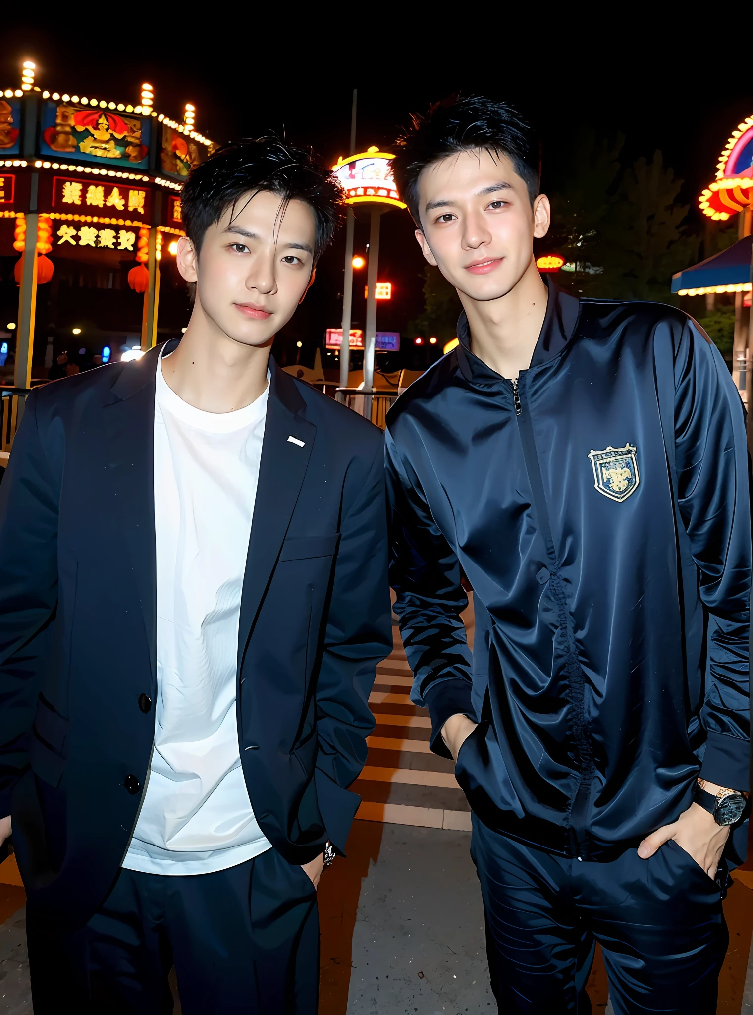 （Chinese handsome：1.5），Two men at an amusement park，the night，masculine pose，realistic detail， photograph of-realistic，textureskin，looking to the camera，18-year-old boy,Studio,