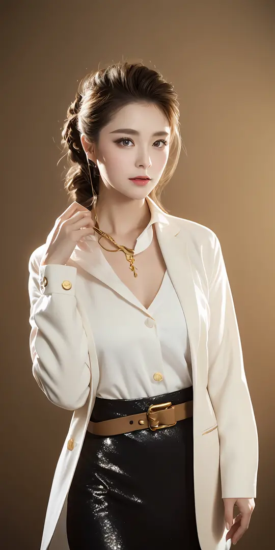 1人, Solo, Portrait of an English golden girl in a tunic white blazer dress, Gold belt，Delicate makeup， Details, Realistic, Photo...