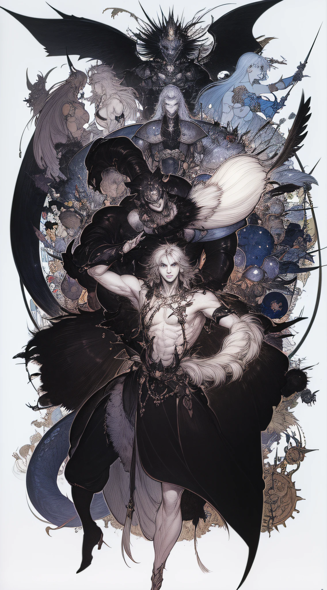 Devil 1、(((Black giant)))、White background、accessorized、line-drawing、pale color、Black Armor、Iron Mask、Fantastical、Alfonse Mucha、de pele branca、Cladding、Rough sketch、coarser line、Painterly、Lively poses、Crow's feathers、Delicate touch、fine lines、Equivocal faces、Sky City、Pencil drawing、the blue moon、Castle on the Moon、white of the eye、Clenching teeth、wriggling the body、fullface、Black Great Sword、Fight dragons、A flock of snakes、the bats、Black lion