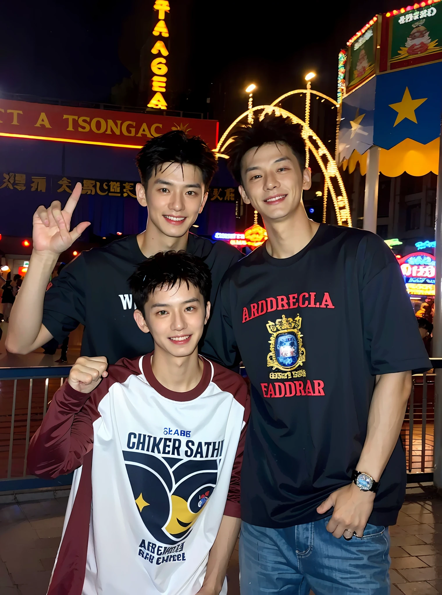 （Chinese handsome：1.5），Two men at an amusement park，the night，masculine pose，realistic detail， photograph of-realistic，textureskin，looking to the camera，18-year-old boy,Studio,