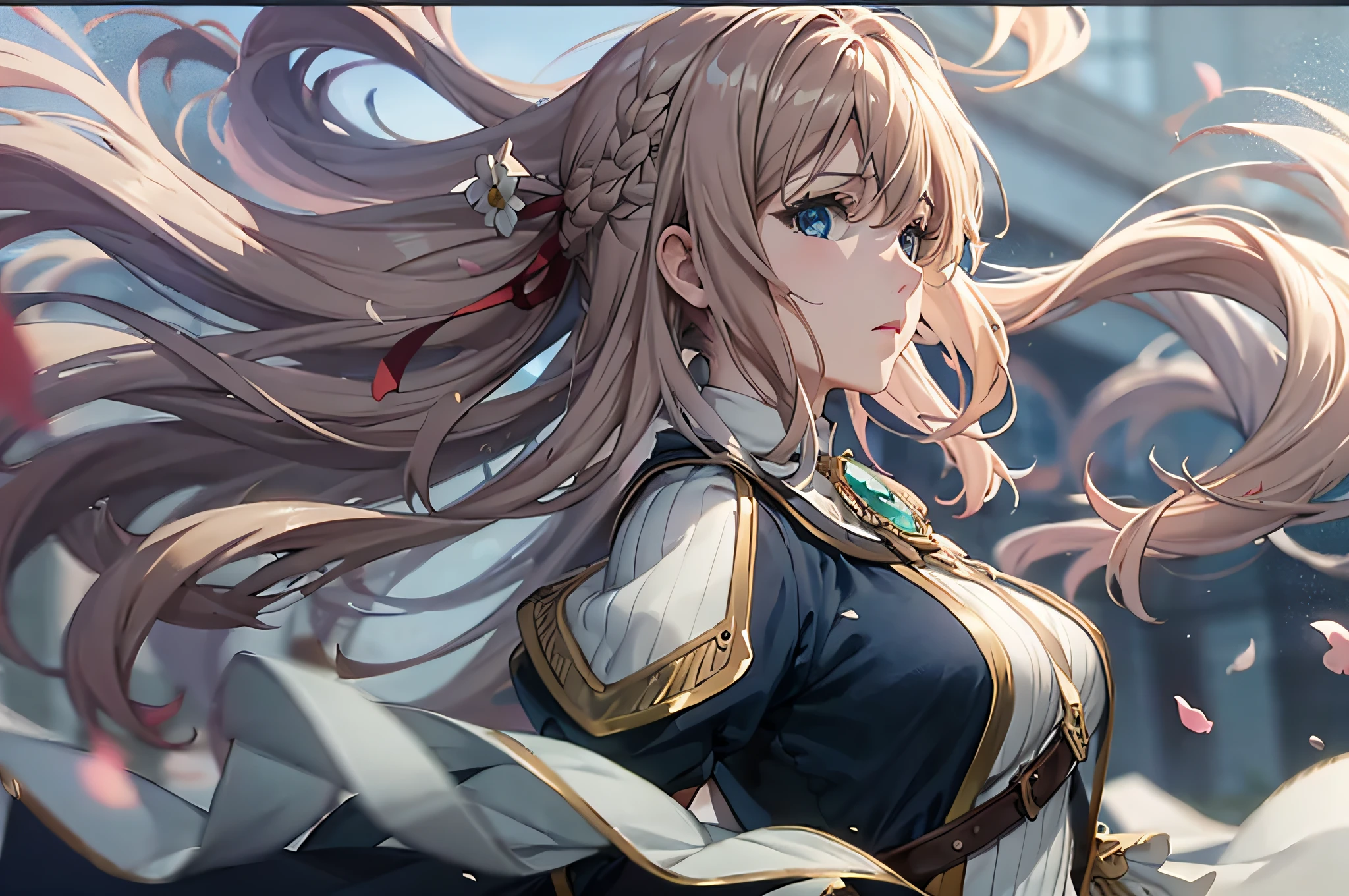 (dynamic angle:1.3),windy,cinematic highlight,tyndalleffect,1girl,upper body,raised arm,looking at viewer, , extreme close up,violet_evergarden, solo, jewelry, expressionless,brooch, blonde_hair,( vevry long hair:1.2),messy_hair,floating hairlong_sleeves, ribbon, blue_eyes, jacket, dress, gem, hair_ribbon,sky, depth_of_field, flower field, flying petal,Motion blur,from side,
masterpiece,