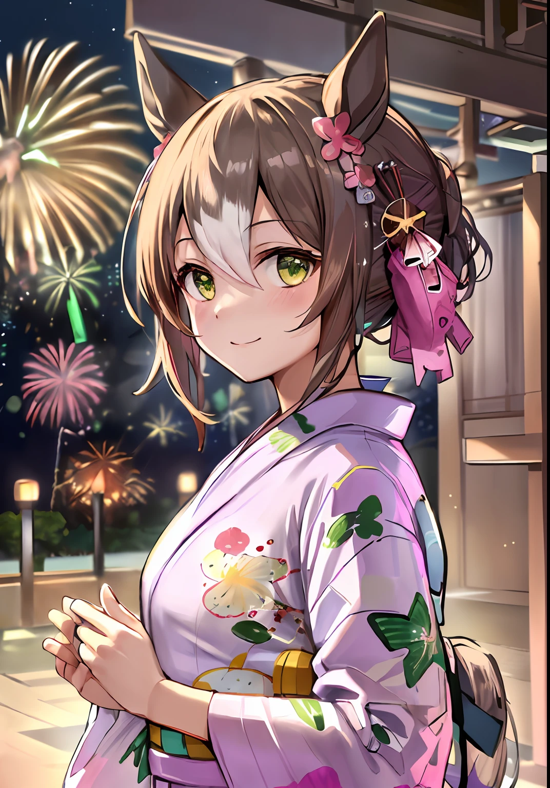 ((top-quality、​masterpiece:1.3))、{{​masterpiece}}、illustratio、top-quality、1girl in_Solo, full_Body, From Side、、full body Esbian、
Romper、((Green yukata:1.4))、 ((Yukata with butterfly print, Geta), Gentle smile,
Fine Motion \(Umamusume\), ((Pink yukata:1.4))、 ((Yukata with butterfly print, Geta), Gentle smile, ((Fireworks in the night sky)), ((fireworks at background)), 、modest tail、Holding Frankfurt in your hands