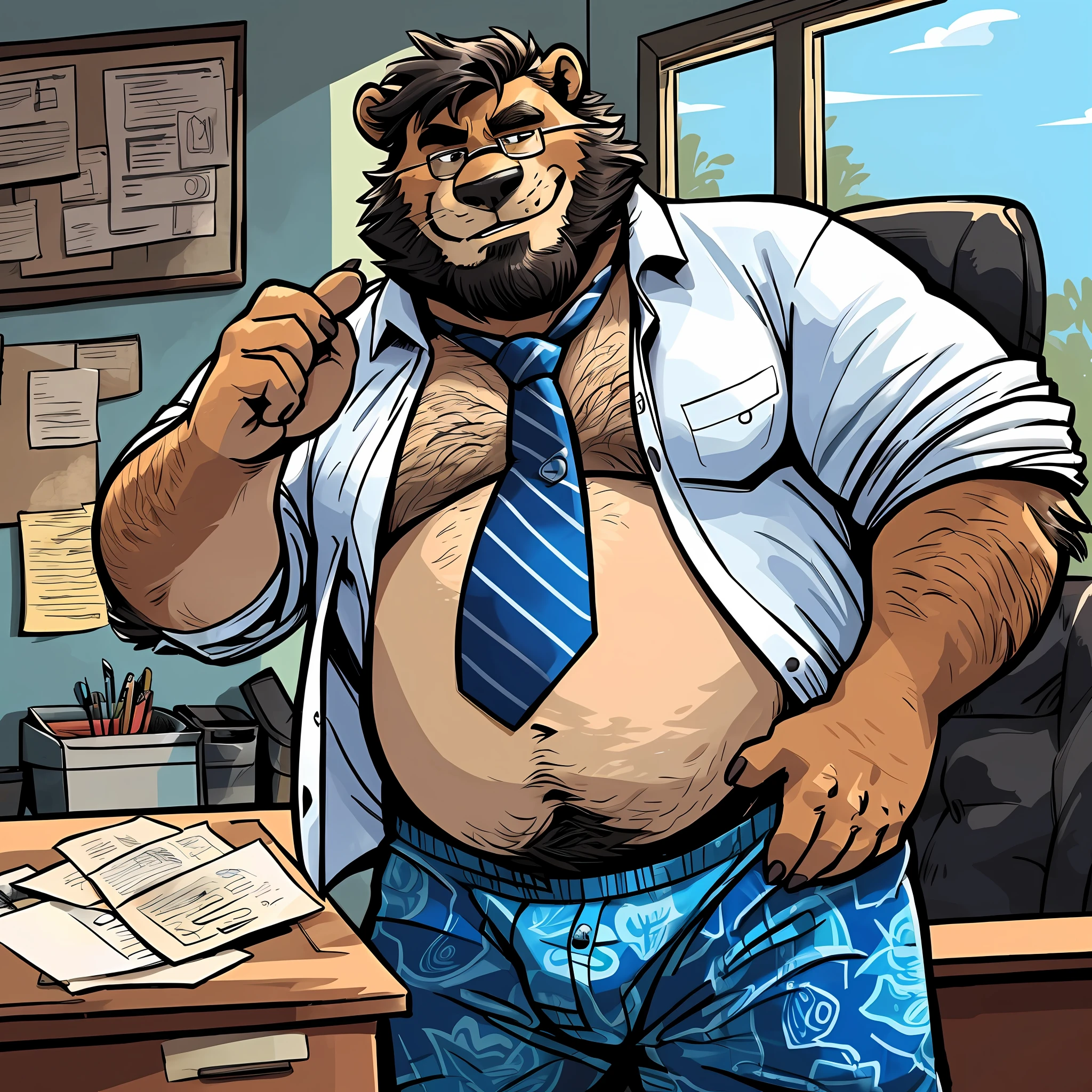 (by dramamine, by haps), mature male, eye scar, old chubby lion, (Brown fur:1.2),middle-age,((black short hair)),((facial beard)),(hi res, best quality, high quality, detailed, shaded, shading, masterpiece:1.2), detailed eyes, looking at viewer, detailed clothing, smirk, seductive smile, hairy chest, glasses,inside office,(blue pattern long boxers:1.4), (white Open shirt:1.5),(loose necktie:1.2)