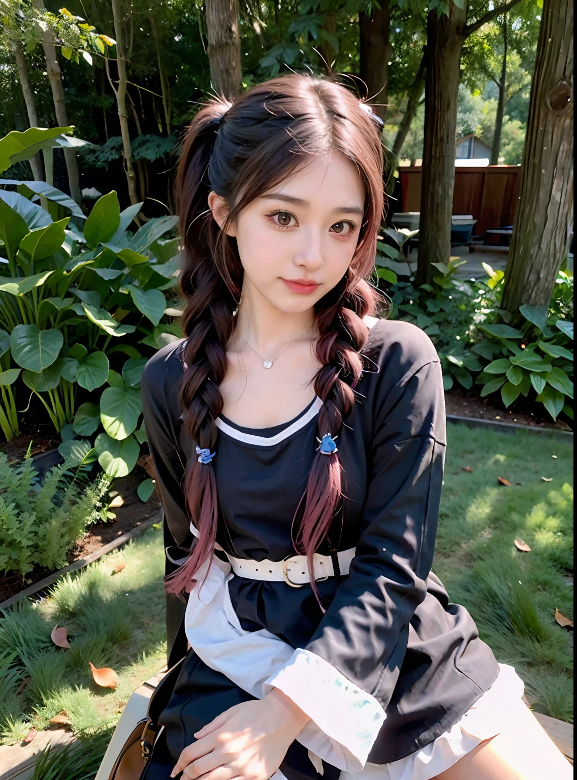 Arabisches Mädchen sitzt tagsüber auf dem Rasen，lange rosa Haare, ulzzangs, 1 Anime-Goth-Mädchen, rena nounen style 3/4, mit langen Haaren, Anime-Mädchen-Cosplay, Frisur mit zwei Schwänzen, Sakimichan, Shaxi, rosa Zwillingsschwanzhaar und cyanfarbene Augen, Rot langhaarig, kanliu666