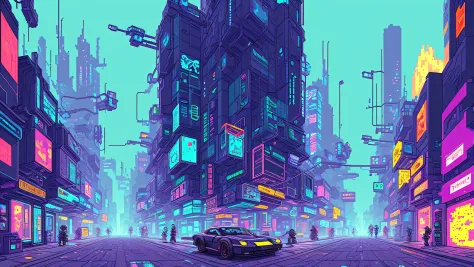 cyberpunk street, front view, 2D game style, pixel art style, cool vendors, roads and cars,