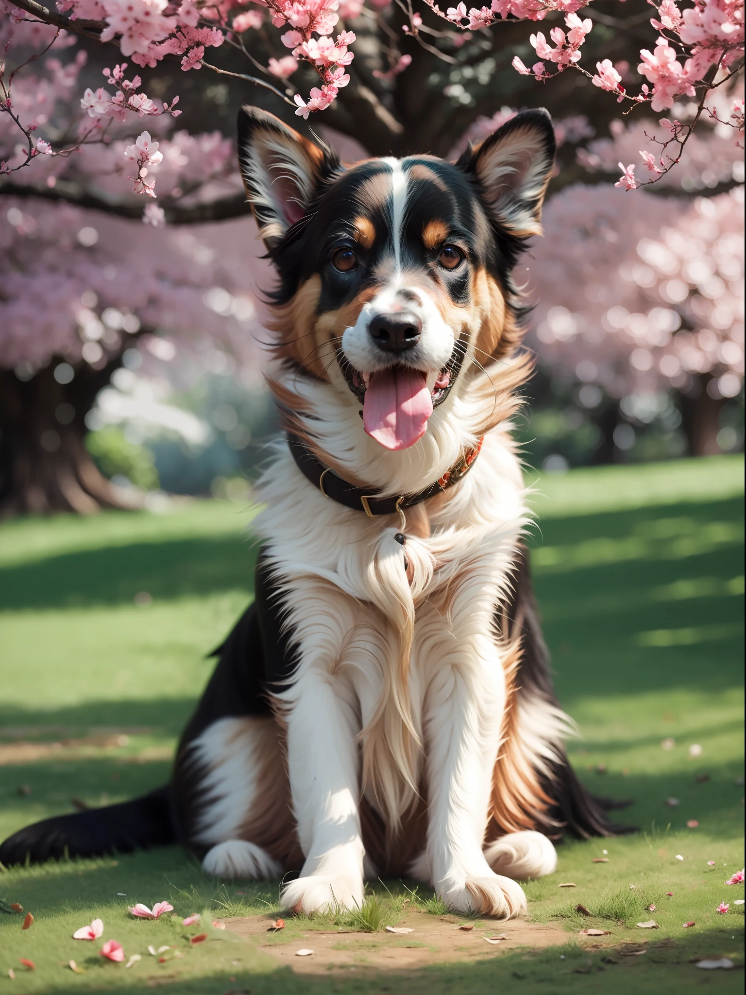 越南狗, 略显瘦, 坐在草坪上, 远处有一棵大树, 快乐的, 微笑, 杰作, 8千, 高分辨率, 最高质感, 脸型更好, 丰富的细节, --v6
