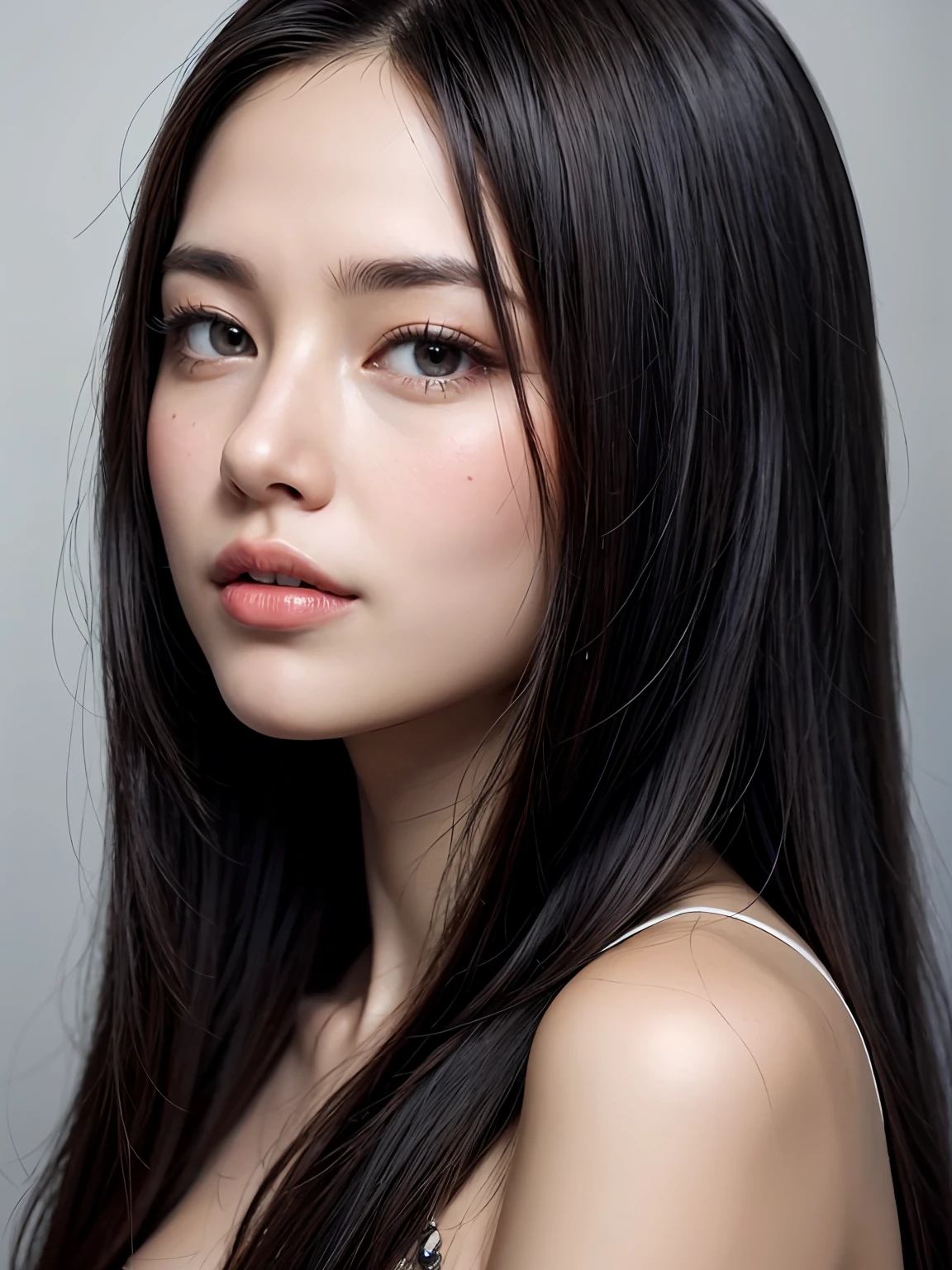 pureerosface_v1:0.24, Best Quality, Photorealistic, 8K, High Definition, 1 Girl, Look into the Beholder's Eyes, Long Hair, Black Hair