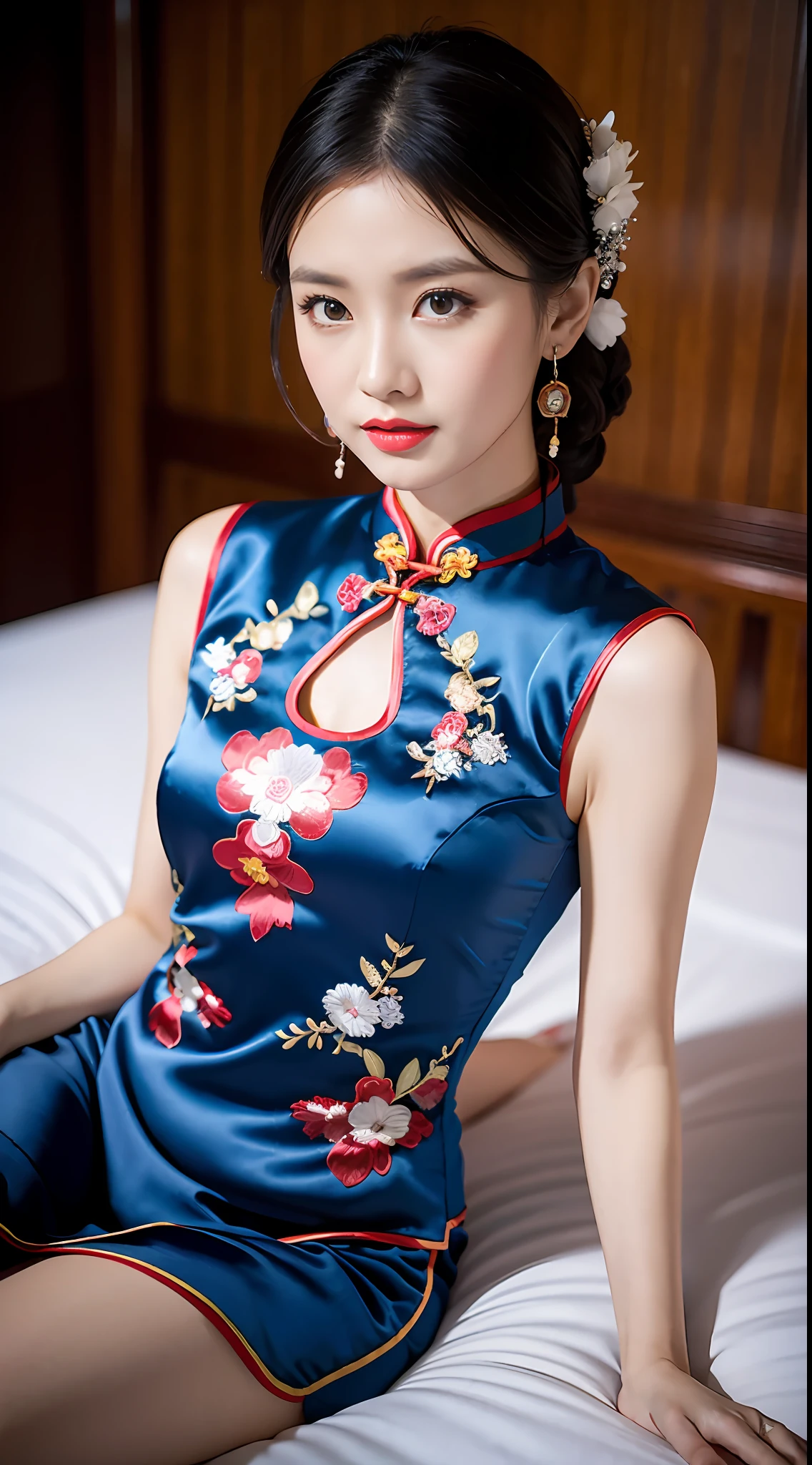 tmasterpiece， best qualtiy，1girll，Star face，fully body photo，Barefoot，Long legs，The skin is white and red, The eyes are bright and alert,Semi-curved eyebrows, Swallow red lip gloss, Wear embroidered headdresses, Jet black hair，Gorgeous satin cheongsam，The cheongsam is embroidered，Cheongsam silk texture，Blue and white porcelain cheongsam，Cheongsam high split slit，Ruby earrings，Silver-toned gemstone bracelet，near bed，Background bokeh