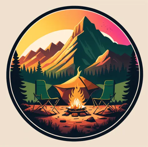 there is a campfire and chairs in front of a mountain, camp fire, campfire in background, campfire background, campfire, sticker...