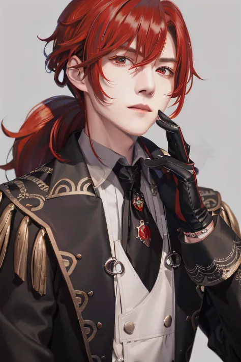masterpiece, best quality,diluc (genshin impact), 1boy, red hair, male focus, long hair, gloves, solo, red eyes, bangs, long sle...