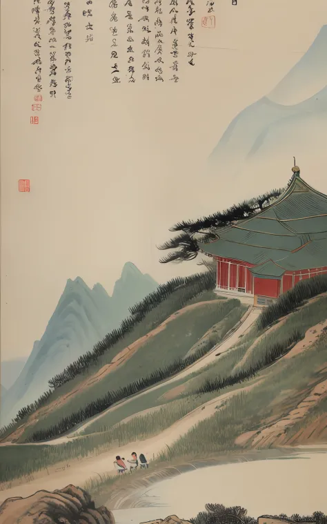 high high quality， mont， mist， the trees，mont，scenecy，Skysky，Chen Shaomei，​​clouds，The tree，chinese paintings，with an antique feel，song dynasty，Song painting，Point view characters，pavilion，Bridges，